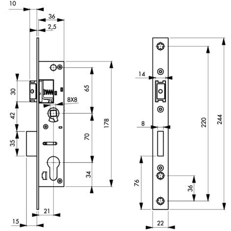 Boitier de serrure encastrable à cylindre pour porte métallique, axe 21mm, bouts carrés