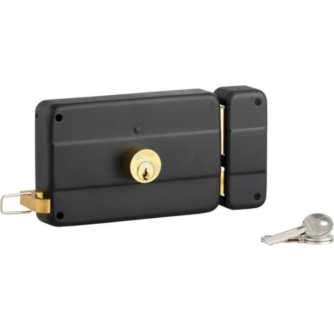 Serrure horizontale en applique double entrée à tirage pour porte d'entrée, droit, 140x90mm, axe 70mm, noir, 3 clés - THIRARD