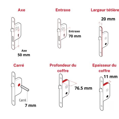 Serrure encastrable crochet à cylindre pour porte coulissante, axe 50mm, cylindre 30x30mm, bouts carrés, noir, 3 clés