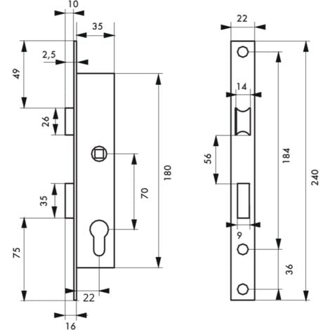 Boitier de serrure encastrable à cylindre pour menuiserie métallique, axe 22mm, bouts carrés, zingué