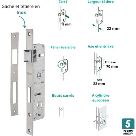 Boitier de serrure encastrable à cylindre pour menuiserie métallique, axe 22mm, bouts carrés, zingué
