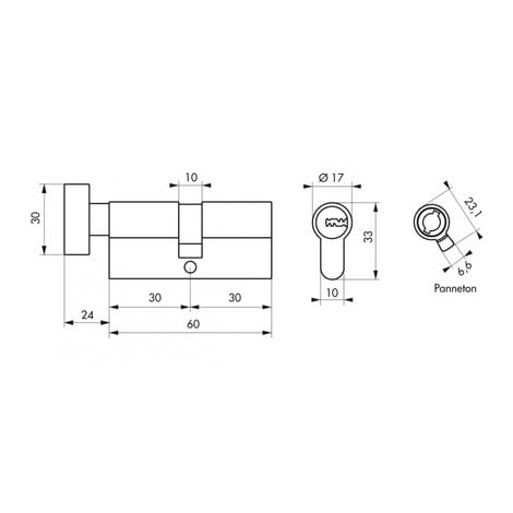 Cylindre de serrure à bouton 5G, 30Bx30mm, nickel, anti-arrachement, 5 clés