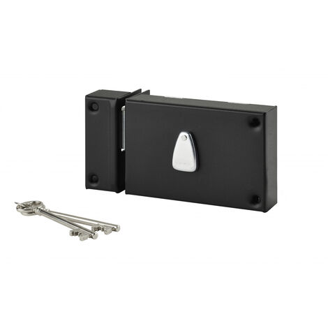 THIRARD - Serrure horizontale en applique 6 gorges à clé pour porte de cave, pêne seul, gauche, axe 64mm, 140x88mm, noir, 2 clés - THIRARD