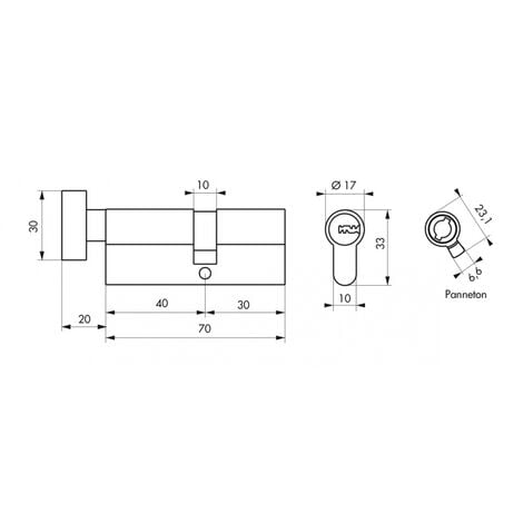 Cylindre de serrure à  bouton Tiger 6, 40Bx30mm, nickel, anti-arrachement, anti-perçage, 5 clés