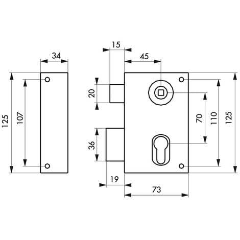 Boitier de serrure verticale en applique double entrée à fouillot pour entrée, gauche, axe 45mm, 73x125mm, noir