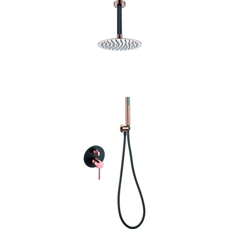 IMEX - Columna Ducha Empotrada sin Grifo  Conjunto de Ducha con Alcachofa y Flexo  Griferia Monomando con Rociador Efecto Lluvia  Caudal de 20L/min  Serie Milos Stick  Color Negro Oro