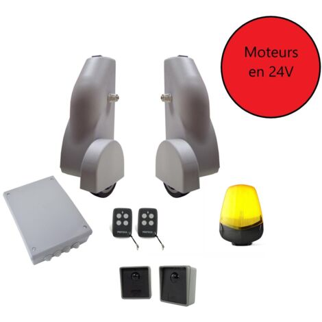 Kit de motorisation de portail battant – Moteurs 24V – Charge max 150kg – Ouverture en pente – Système autobloquant – Télécommandes 4 canaux – Proteco