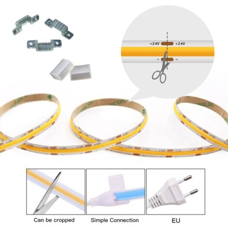 Ruban led COB 5M 220V blanc chaud 3000K étanche ip 65 avec fixations fournies pour intérieur et extérieur