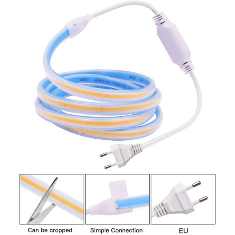 Ruban led COB 1M 220V blanc chaud 3000K étanche ip 65 avec fixations fournies pour intérieur et extérieur