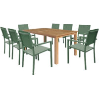Conjunto de muebles de jardín de teca JAVA con sillas de aluminio verde salvia - 8 plazas