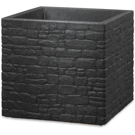 Scheurich Muretto 30, bac à plantes/pot à fleurs/jardinière, carré, coloris: Stony Black, fabriqué avec du plastique recyclé, pour l’extérieur