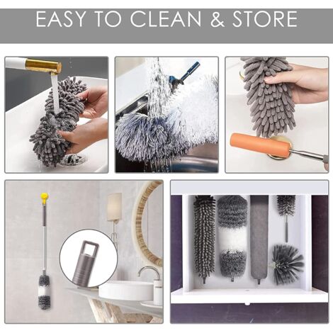 7pcs Telescopic Duster Microfiber Cleaning Kit with Washable Stainless Steel Handle Removable Heads Dust Brush for Ceiling Curtain Fan Cobwebs Blinds