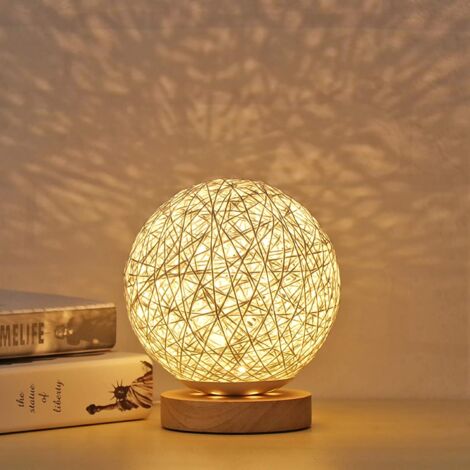 LED Wooden Table Lamp, Creative Wooden Rattan Spherical Ball Bedside Night Light with Hand-knitted Lampshade.