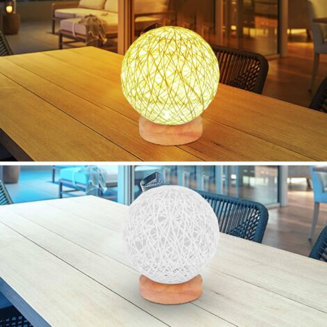 LED Wooden Table Lamp, Creative Wooden Rattan Spherical Ball Bedside Night Light with Hand-knitted Lampshade.
