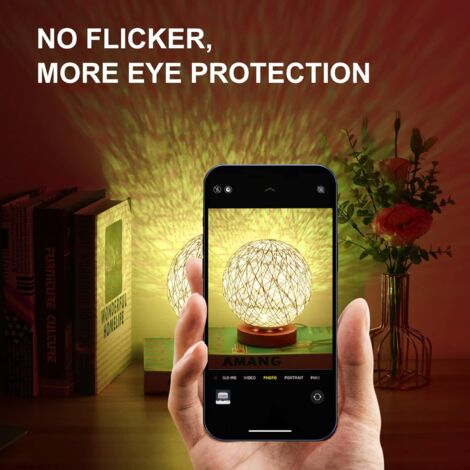 LED Wooden Table Lamp, Creative Wooden Rattan Spherical Ball Bedside Night Light with Hand-knitted Lampshade.