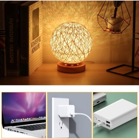 LED Wooden Table Lamp, Creative Wooden Rattan Spherical Ball Bedside Night Light with Hand-knitted Lampshade.