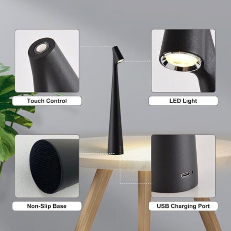 Black Cordless Dimmable LED Table Lamp with Touch Control, Rechargeable LED Table Lamp, Battery Table Lamp, USB Charging Table Lamp, Port Table Lamp