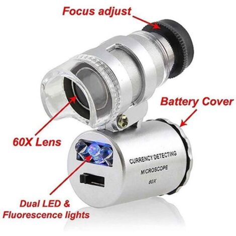 60X Illuminated Magnifying Glass Handheld Mini Pocket Microscope UV Magnifier Currency Detector Jeweler Loupe with LED Light