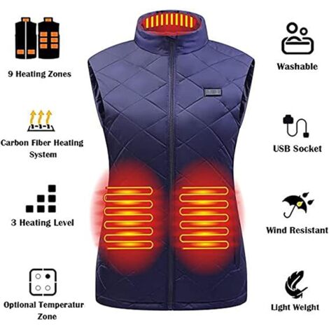 Women's Heated Vest, USB Rechargeable Warm Heated Vest Adjustable Heating Coat Winter Lightweight with 9 Heat Zones for Outdoor Skiing Hunting Camping,Blue,Size:XL