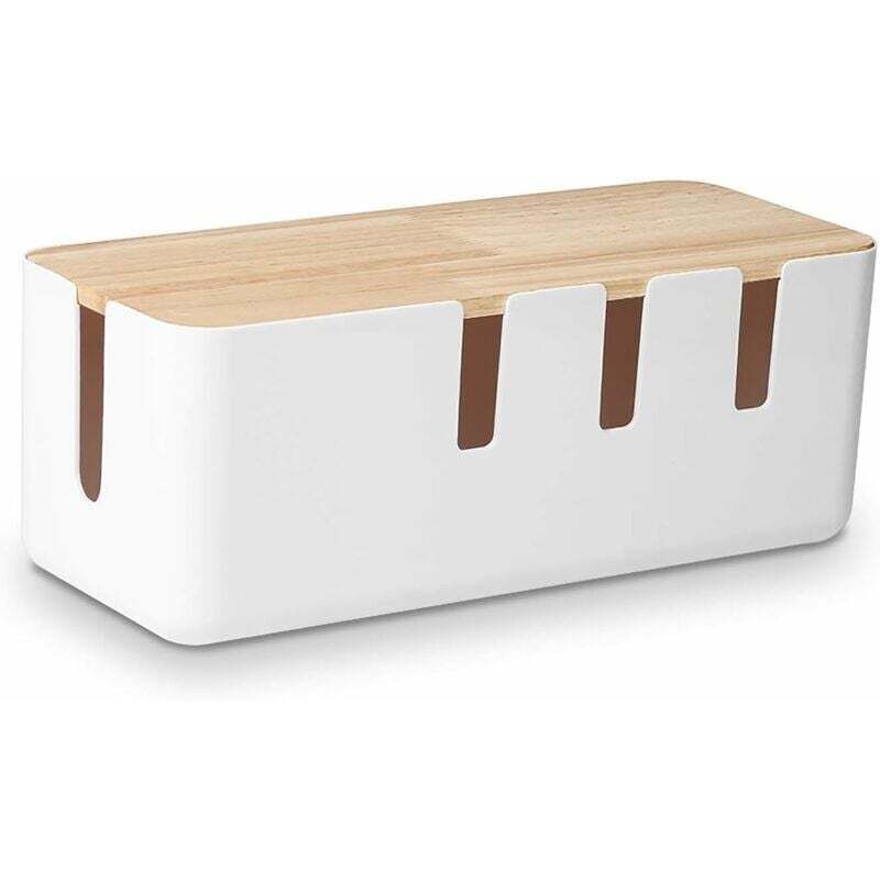 Cable storage box with wooden lid that serves to hide cables