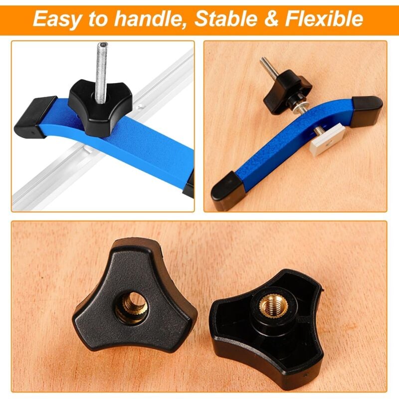 2 Set T Screw And M8 Plastic Handle,Metal Quick Acting Hold Down Clamp Set For T-Slot T-Track DIY Woodworking Tool