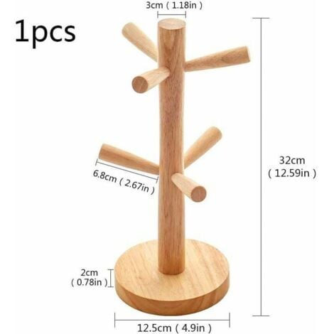 Wooden Cup Holder, Tree Shaped Cup Holder, Wood Table Storage Rack for Kitchen Tea Coffee Accessories Hook (6 Cups)