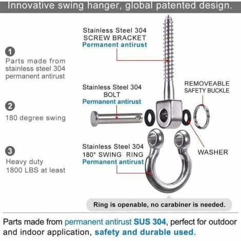 2 pieces 900 kg load capacity, 304 stainless steel, robust ceiling hooks, swing hooks, hanging hooks with screws for wood, yoga, hanging chair, punching bag, hammock, armchair R