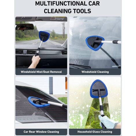 Window cleaner, 4 microfiber pads, window cleaning with telescopic handle, automatic interior wiper set, blue