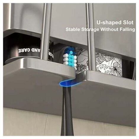 Wall Mounted Toothbrush Holder No Drilling, Electric Toothbrush Holder, Self Adhesive Toothbrush Holder with 2 Cup Holders + 2 Slots for Toothbrush Heads