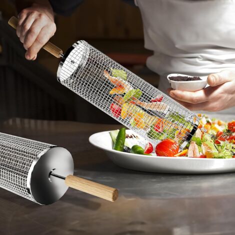 Stainless Steel Rolling Grill Baskets (2-Pack) - BBQ Accessories With Wooden Handles