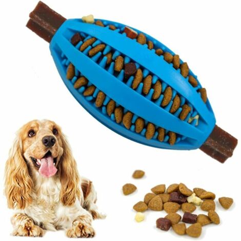 Dog Treat Dispenser, Toy Ball, Durable Rubber Rugby Dog Toy, Blue