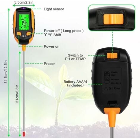 4 in 1 Soil Moisture Meter - Digital LCD Display - Plant Temperature/Soil Moisture/pH/Sunlight Intensity - Soil Tester for Gardening, Agriculture