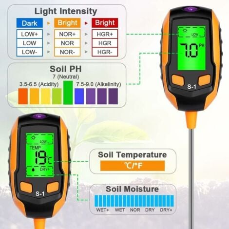 4 in 1 Soil Moisture Meter - Digital LCD Display - Plant Temperature/Soil Moisture/pH/Sunlight Intensity - Soil Tester for Gardening, Agriculture