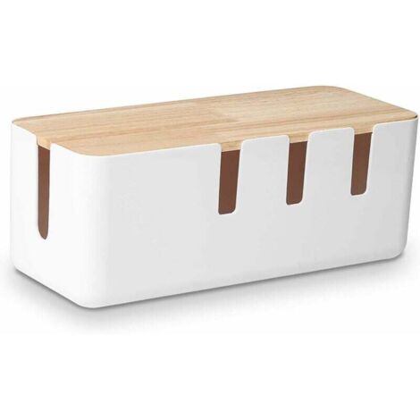 Cable storage box with wooden lid that serves to hide cables