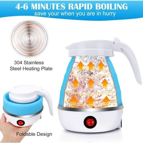 Silicone Folding Kettle, Household Travel Folding Kettle 0.6L 220V Stainless Steel Bottom Kettle Portable Mini Kettle Camping Holiday Hiking Survival