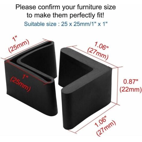 12 pieces iron chair leg protection table end cap furniture chair leg caps rubber floor protection L-shape 25 x 25 mm black,