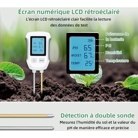 in 1 Soil PH Tester, Acid-Base Soil Test Detector, Temperature and Humidity Meter with Backlit LCD Display Compatible with Gardening/Potted Plants/Farm
