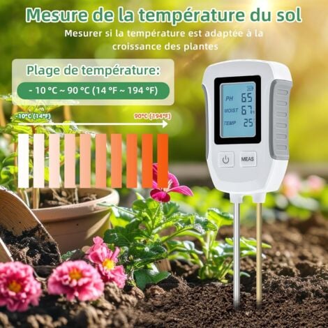 in 1 Soil PH Tester, Acid-Base Soil Test Detector, Temperature and Humidity Meter with Backlit LCD Display Compatible with Gardening/Potted Plants/Farm