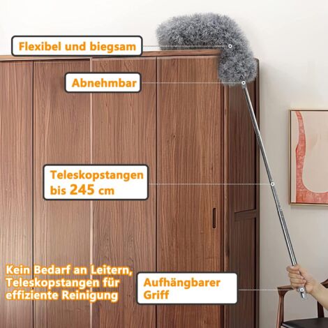 Washable Telescopic Duster, Long Extendable up to 2.45 m, with Telescopic Rod and Bendable, Cobweb Broom for High Ceilings, Ceiling Fan, Spider Webs, Corner Broom Gray