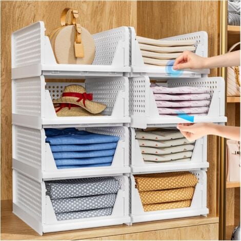 Wardrobe Storage Organiser 2 Pack Folding Closet Organisers Stackable Storage Boxes Plastic Drawer Organiser Basket for Bedroom Kitchen Bathroom White