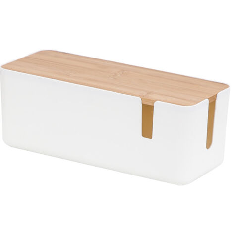 Cable Management Box, Cord Storage Box with Bamboo Lid, Wire Cable Hider Box Organize Computer Wiring, Loose Wires, Hide Cables(White)