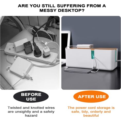 Cable Management Box, Cord Storage Box with Bamboo Lid, Wire Cable Hider Box Organize Computer Wiring, Loose Wires, Hide Cables(White)