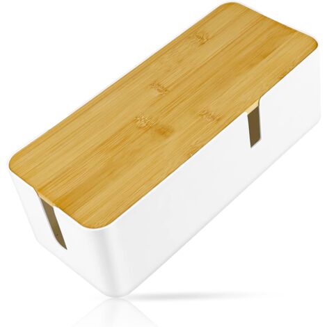 Cable Management Box, Cord Storage Box with Bamboo Lid, Wire Cable Hider Box Organize Computer Wiring, Loose Wires, Hide Cables(White)