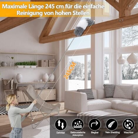 Washable Telescopic Duster, Duster, Rod and Bendable Corner Brush, Microfibre Stainless Steel with Telescopic Rod, Long Extendable up to 250 cm, Dust Brush for Gaps Ceilings Cobwebs Grey 6