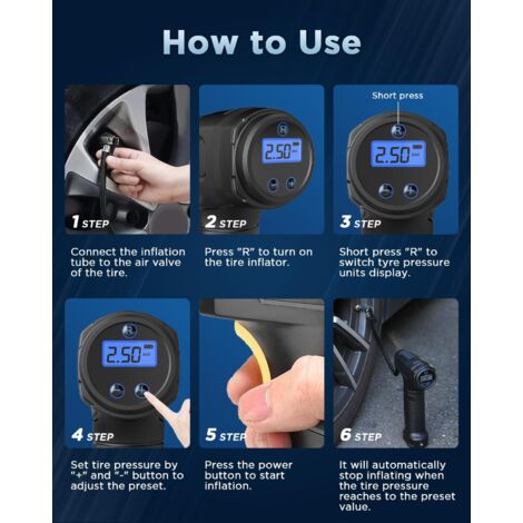 Cordless Tyre Inflator Air Compressor, Portable Handheld Tyre inflator with Digital Pressure Gauge, Rechargeable Battery Wireless Tyre Pump with LED Light 3 Nozzle for Car Bicycles Motorcycles Ball
