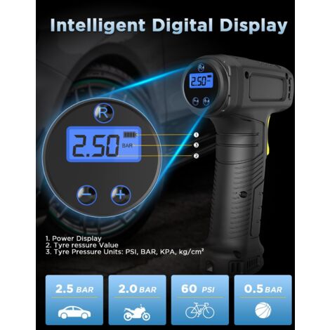 Cordless Tyre Inflator Air Compressor, Portable Handheld Tyre inflator with Digital Pressure Gauge, Rechargeable Battery Wireless Tyre Pump with LED Light 3 Nozzle for Car Bicycles Motorcycles Ball