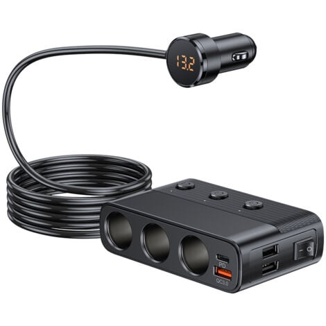 Car Charger Cigarette Lighter Socket Splitter 7 in 1 Car USB Charger 3 Socket Cigarette Lighter Adapter with Switches Power Outlet PD QC3.0 Car Plug Adapter Fast Charging For Phone Laptop Dash Cam