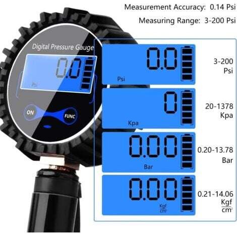 Digital Tire Pressure Gauge, 200 PSI, Inflator Gun and Compressor with LCD Display for Car, Truck, Motorcycle and Bicycle