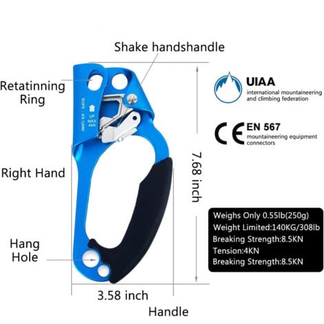 GABRIELLE UIAA and CE certified hand climbing ascender, arborist, abseiling equipment, rope clamp for 8-12 mm