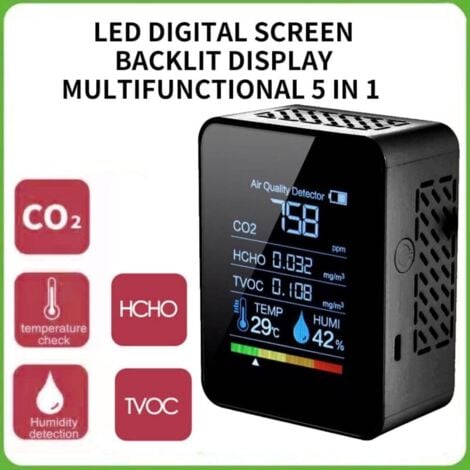 GABRIELLE Carbon Dioxide Detector, 5-in-1 Indoor Air Quality Detector, CO2 Digital Meter, TVOC, HCHO, Temperature and Humidity Monitor, Backlight Tester (Black)
